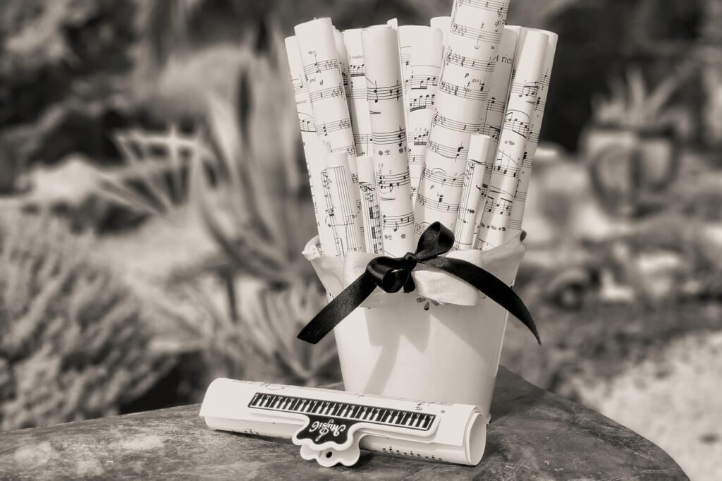 Partituras en blanco y negro, representando la elegancia y la sofisticación de la música clásica en vivo para bodas y eventos especiales con Melodival